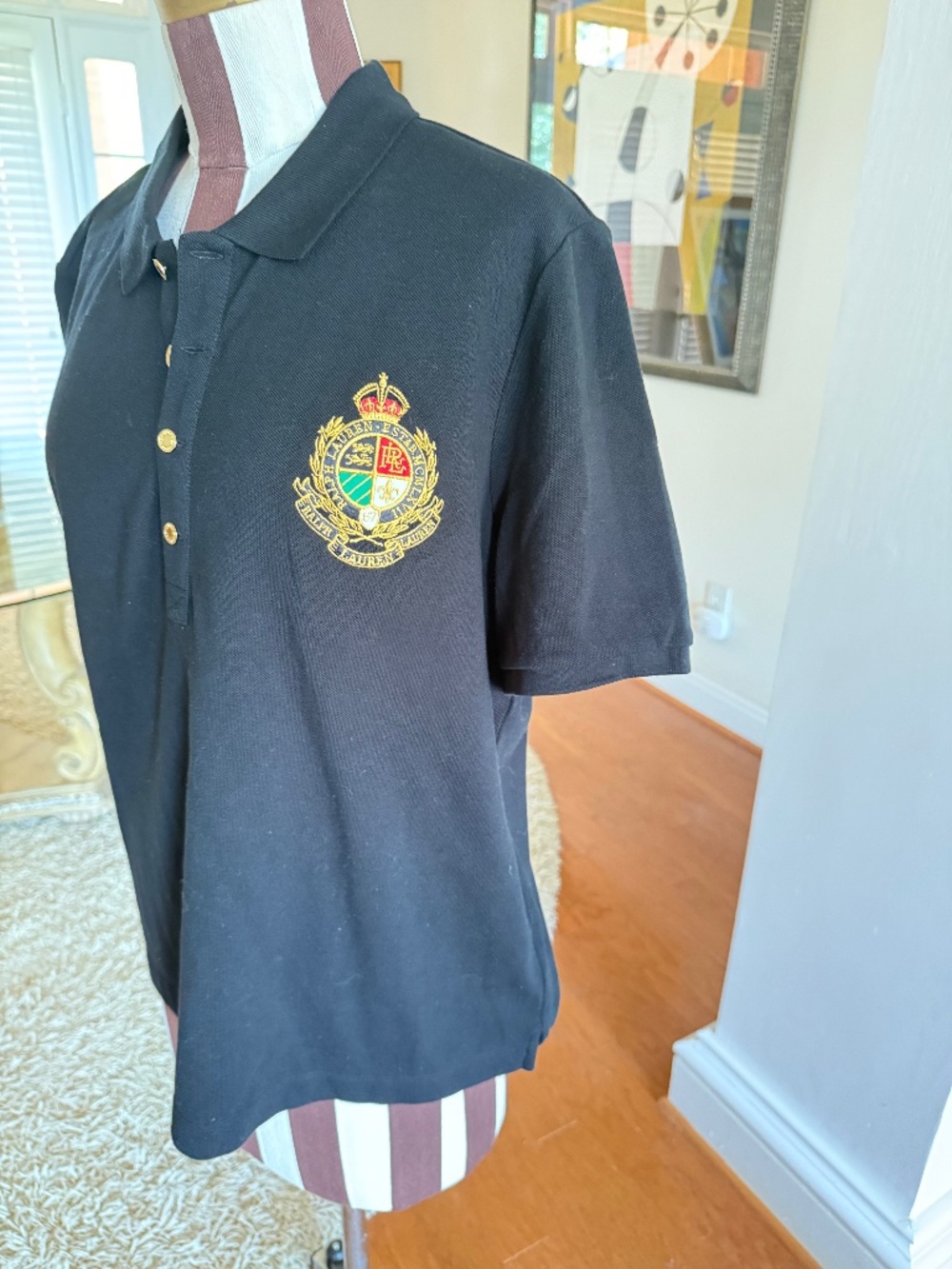 Lauren Ralph Lauren Womens Black Gold Crest Crown Logo Polo Shirt Size XL